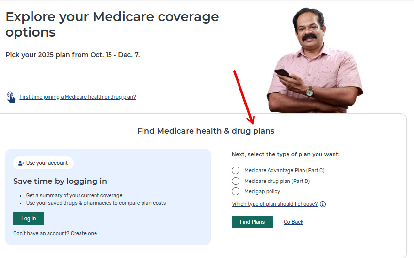 Screen shot of Medicare page to find the right health insurance for seniors