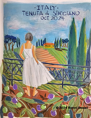 Painting of a girl looking over Italian landscape. Copyright 2024 by Ronni Rosen