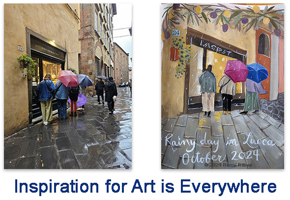 Photo of women with umbrellas looking in a shop window next to artist drawing of that scene