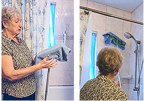 woman mopping shower with microfiber on a dry mop